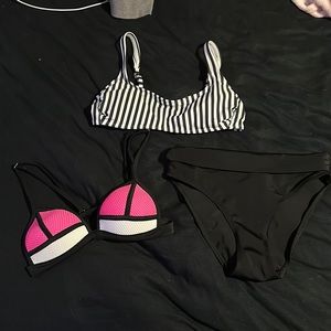 Swim pieces, tops medium, bottoms small, black pink, stripped